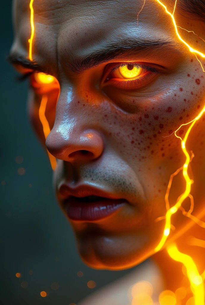 Close up portrait of a meta human, realistic skin, his veins are glowing as if yellow electricity is passing through his veins, thunder electricity is in his eyes as if he is charging for attack