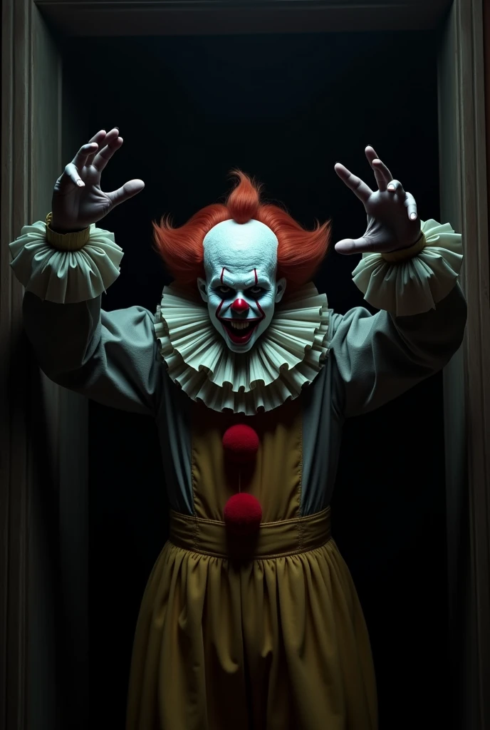 Terrifying killer clown, with arms raised as if in a position to scare someone, framed in the image with a dark background.