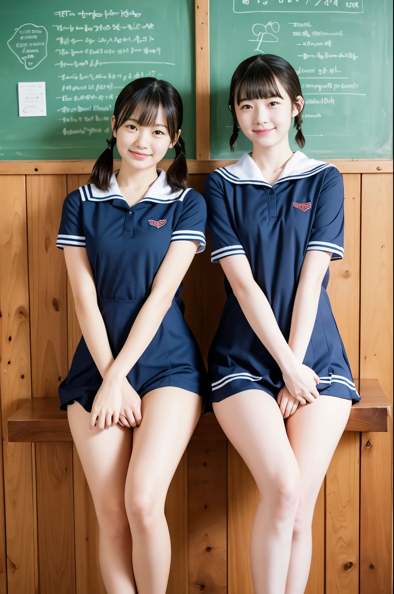 2 girls standing in wooden school classroom,short-sleeved white sailor leotard with blue frills,plaid bow tie,18-year-old,bangs,a little smile,large bare thighs,knees,spreading legs apart,short hair with low pigtails,from before,front light