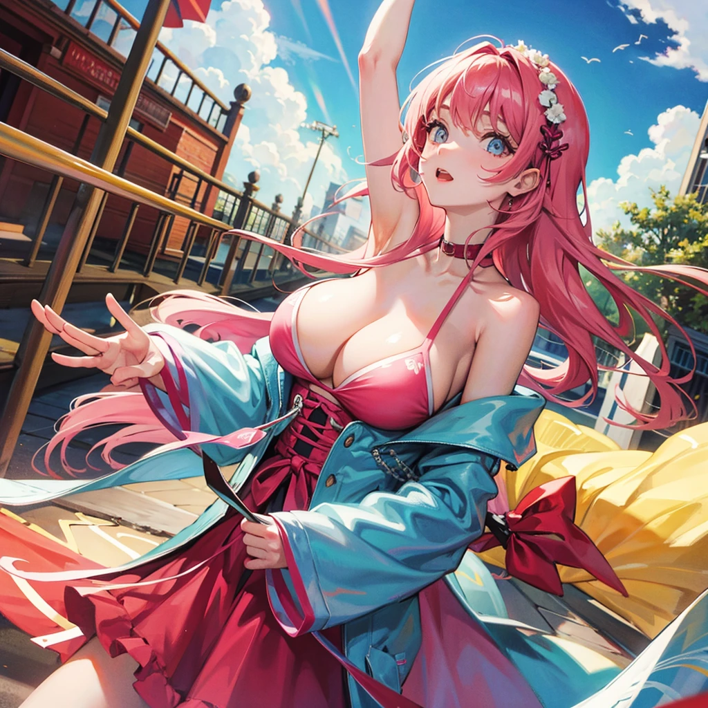 Pink Hair、masterpiece、With a girl、Light blue bikini、Huge breasts、Looking up from below、High resolution