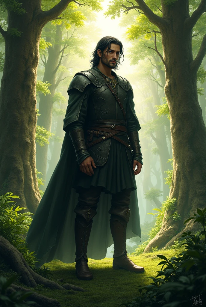 dark-haired man from medieval times surrounded by nature