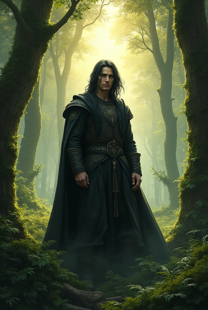  dark-haired man from medieval times surrounded by nature
