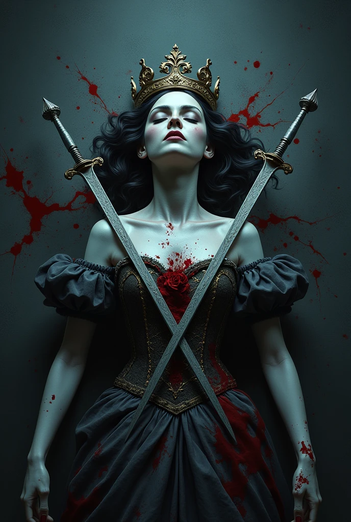 Make a sad queen dead and blue with swords stuck in her heart, make her the queen of spades of playing cards