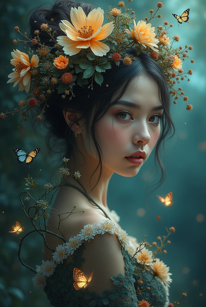 Mysterious woman with flowers and butterflies in her hair.with a captivating look and a hint of mischief., surrounded by gentle, intertwining fractal patterns and glowing flora.