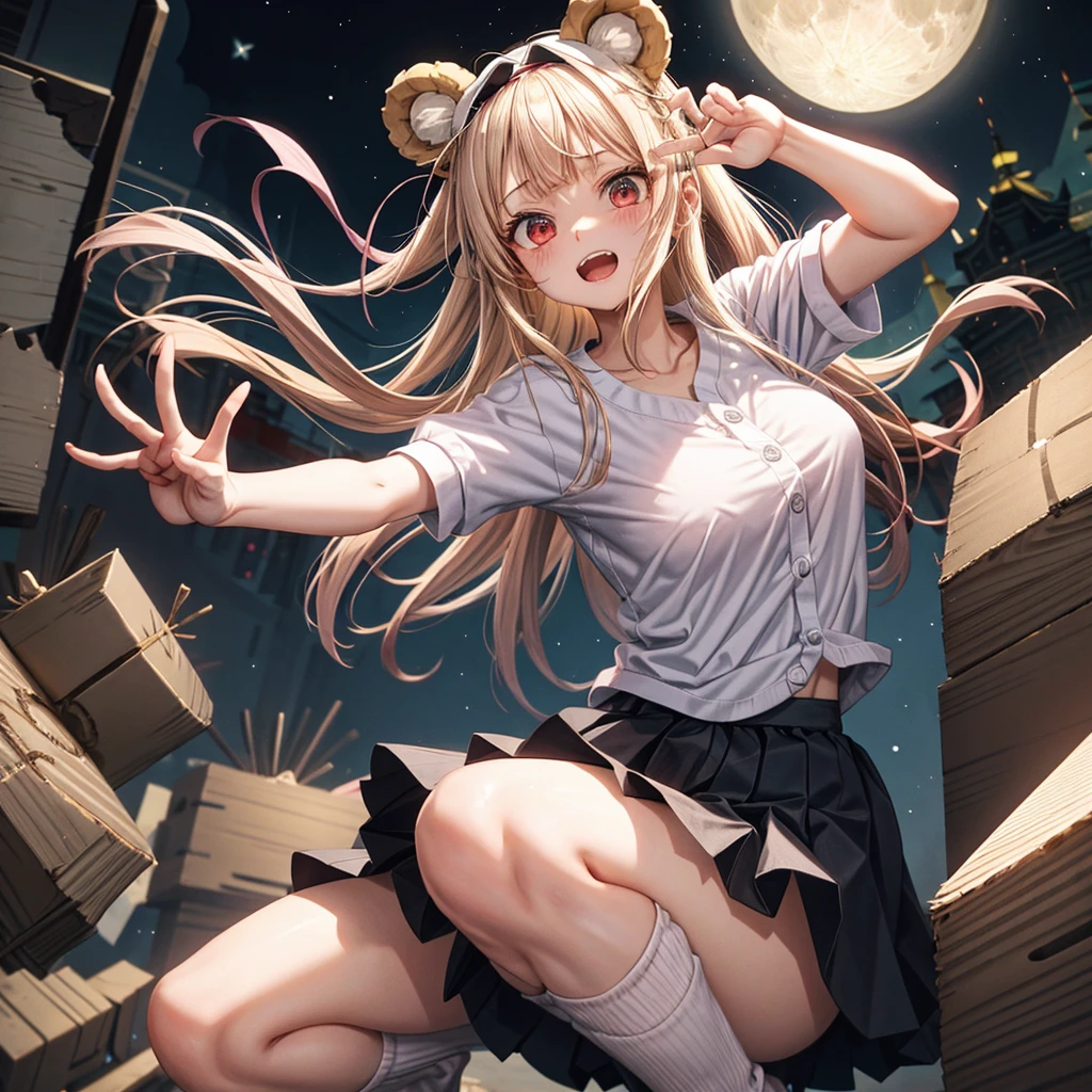 Pink Blonde、Red eyes、Hair tied up、One cute girl、solo、Checked mini skirt、black t-shirts、one piece、cardigan、Knee-high socks、bear ears baseball cap、Burning Full Moon、The tree is dead、Electric spectaculars、Cardboard boxes are piled up、Teeth are visible、Monster Castle、Tilting face、Starry Sky、A teddy bear is jumping