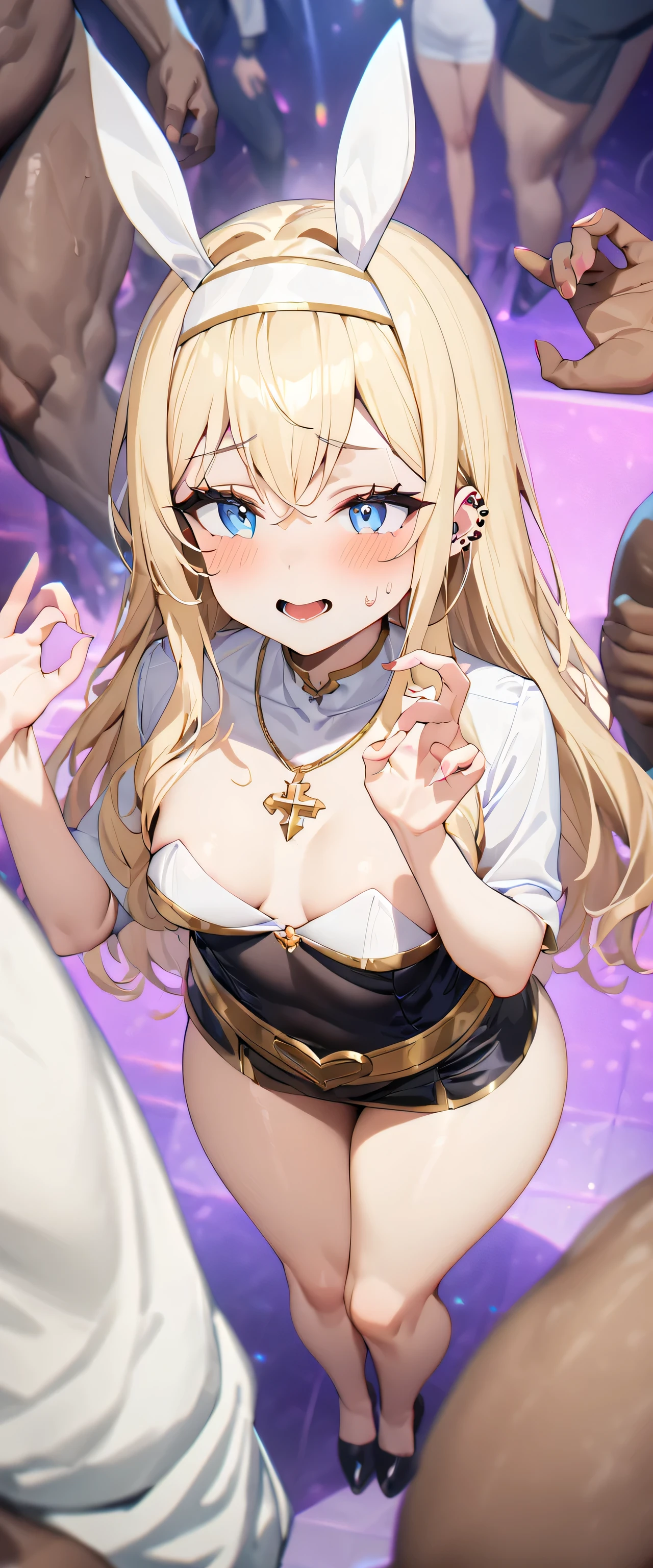 Being fondled by a group of black people,Young girl,1 girl,Super delicate skin,Radiant Skin,Moist oily skin, devil smile,Little Chest,Chest,gesture,Fellatio Gesture,Show your thighs,Vibrant colors,masterpiece,best quality,Extremely detailed,high resolution,Nightclub,Look at the audience,s old,((masterpiece、best quality、Very detailed)、((A girl))、blond,Dark skinned hottie,Tattoo,Gold ring belt,nun,Wearing a gold necklace on her head,Reverse Bunny Girl,Cover your mouth with gauze、Blue eyes、((There are many piercings))、((Big Chest))、Cowboy shooting、Shooting from above、Purple light strip,((best quality)), ((masterpiece)), (detailed), (character focus、Chest Focus,whole body), Thick Legs,Long hair,curls,Thick thighs,Small breasts,Half Chest Exposed,Fascinating three-dimensional,Fascinating three-dimensional,Fascinating three-dimensional,Whole body soaked,Shortness of breath,Bright Pink