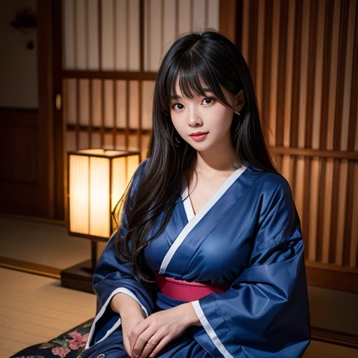 best quality, Delicate face，beautiful visual work, lifelike, eternity, black hair, Long curly hair, blunt bangs, Smile, Detailed Background, Delicate face，blush，cold，((masterpiece))、(top quality)、8k、high detail、Super detailed，41-year-old female，Wearing a yukata, Kneeling on the tatami, masterpiece、born、Scenes resembling fairy tale illustrations、intricate details和複雜的設計、Beautifully、magic、capricious、 Beautifully、Dream aesthetics、「𝓡𝓸𝓶𝓪𝓷𝓽𝓲𝓬、ethereal、charming、fickle、magic」、realism、Visual effects、FXAA、SSAO、Shader、voiceless、ambient lighting、Tone mapping、High resolution、Ultra high quality、Million pixels、(8K resolution:1.10)、8k、8k以下、8K resolution、high detail、intricate details， (high quality:1.2、masterpiece:1.2、:1.21)、(41-year-old female:1.21)、(興奮地Smile)、(Surrounded by a dreamy atmosphere、Model diagram，full-body shot，Normal 2 feet，Put your hands behind you，The protrusion of the breast is visible when wearing clothes, Large Breasts, H cup chest, Don&#39;t show your fingers, full-body shot， full-body shot，full-body shot，full-body shot，full-body shot，full-body shot，full-body shot，full-body shot，hands hidden in clothes, hands hidden in clothes,hands hidden in clothes,hands hidden in clothes,hands hidden in clothes,hands hidden in clothes,hands hidden in clothes,hands hidden in clothes,hands hidden in clothes, ,hands hidden in sleeves ,hands hidden in sleeves ,hands hidden in sleeves ,hands hidden in sleeves ,hands hidden in sleeves ,hands hidden in sleeves ,hands hidden in sleeves ,hands hidden in sleeves, arms behind back, arms behind back,indoor, Japanese style decoration, Japanese style architecture, Japanese-style room, 在Japanese-style room內, Pink and white yukata with flower pattern, Pink and white floral pattern yukata, Yukata with cherry blossom pattern on it, White yukata with pink cherry blossom pattern