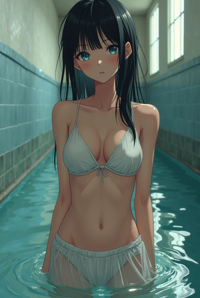 A braless junior high school girl is soaking wet and her clothes are transparent