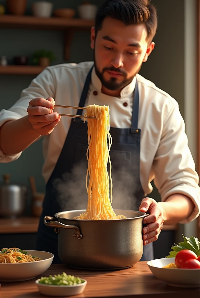 A guy pouring a noodle into a bowl from a steel pot