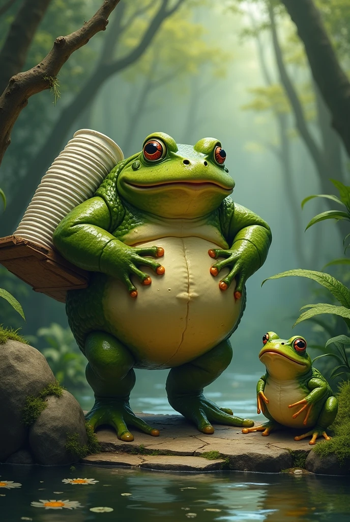 A fat frog preparing the swamp for a feast , carrying stacked disposable cups, a stairs,  other frogs looking at him