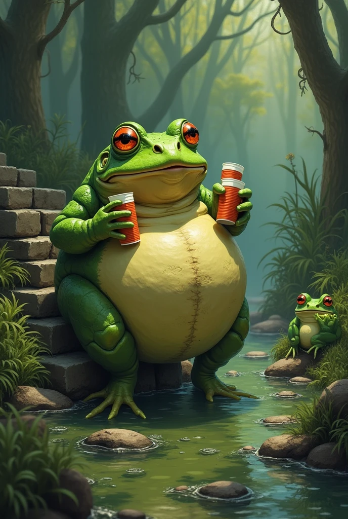 A fat frog preparing the swamp for a feast , carrying stacked disposable cups, a stairs, other frogs looking at him