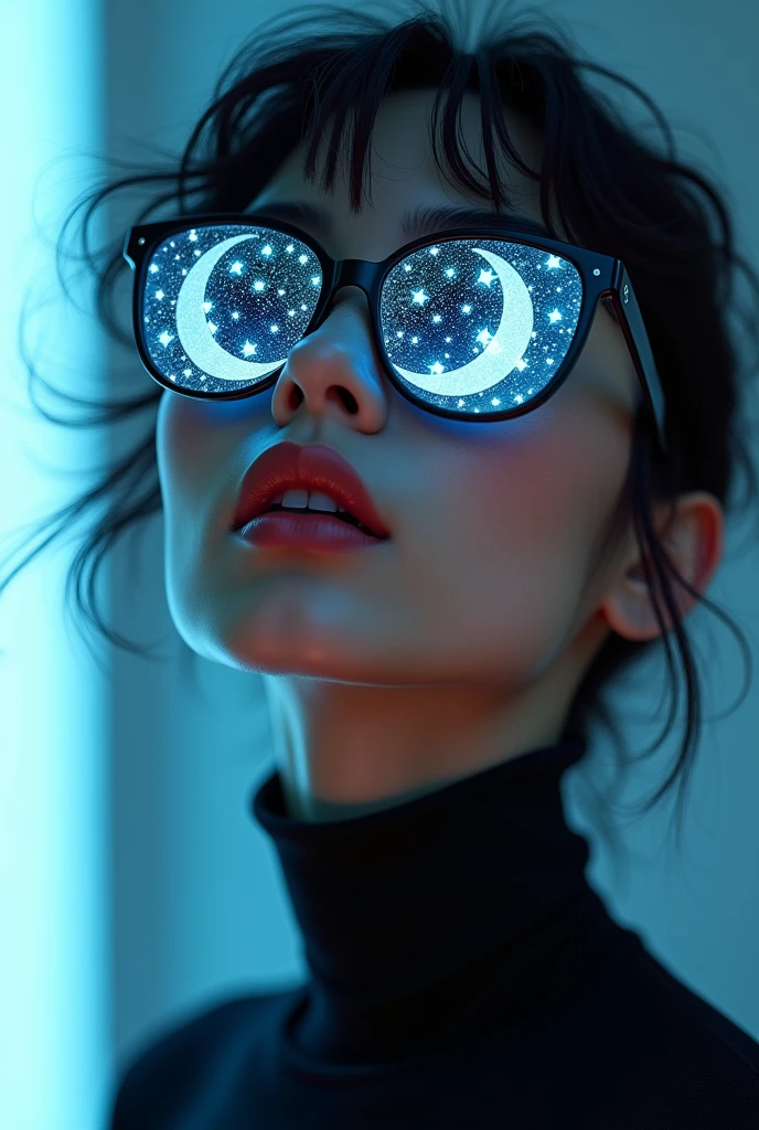 The model is wearing glass sunglasses with stars and the moon on the glass