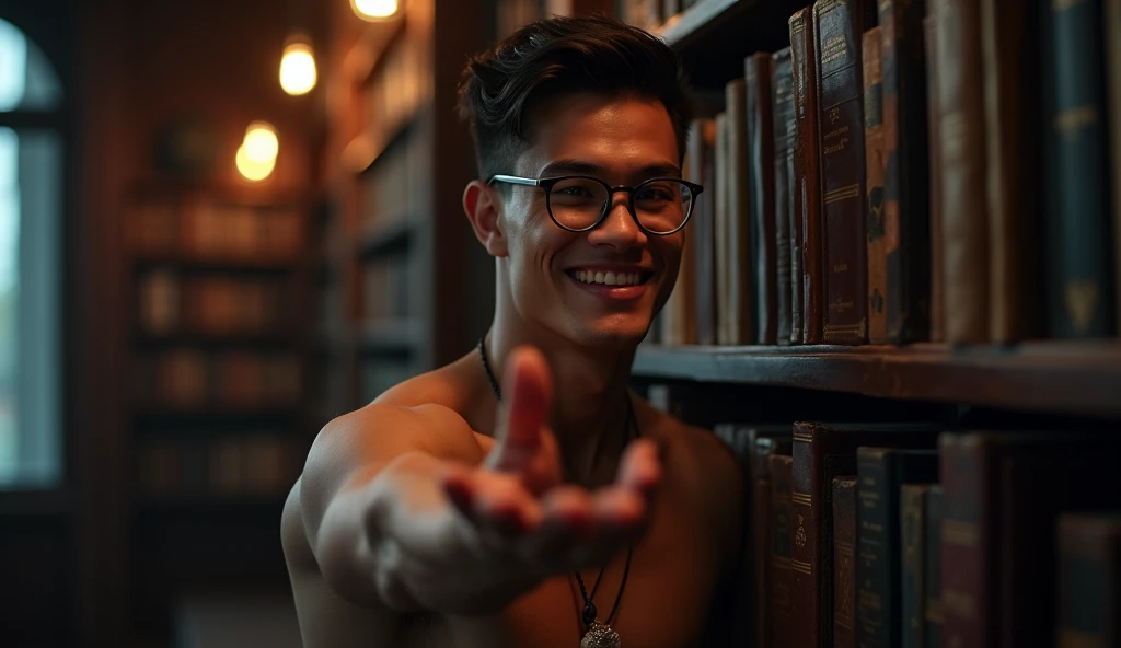 best quality, masterpiece, extremely detailed, 25 year old muscular bodybuilder indonesian man, wearing glasses, clean shaven, no facial hair, (smooth round face), (muscular bodybuilder), very cheeky smile, fitted clothes, glowing quartz crystal pendant, leaning against bookshelf, holding out hand towards camera, in library, afterhours, lights off, at midnight, cinematic shadows, dreamy atmosphere, perfect face, perfect hands, perfection