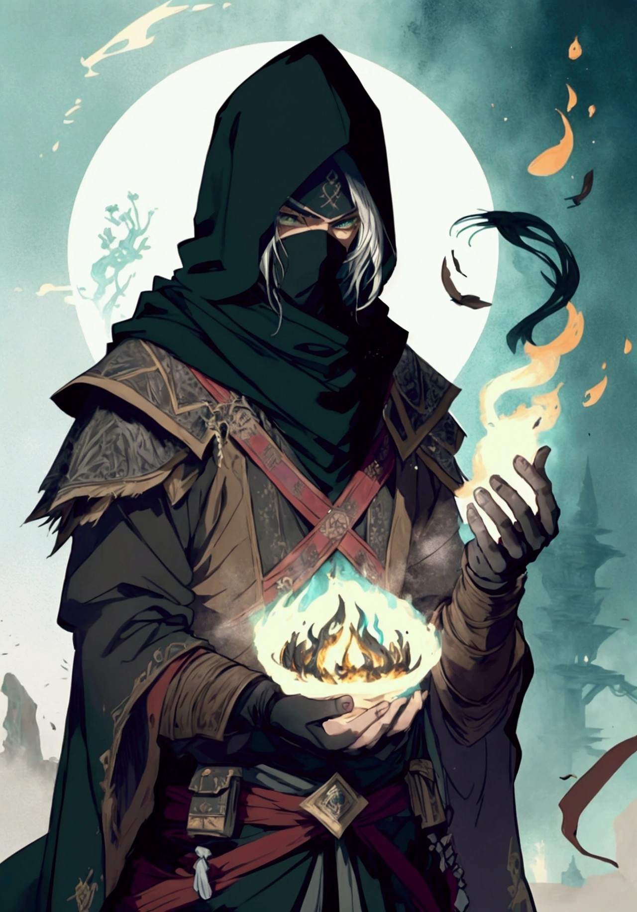 (Masterpiece), ((Highest Quality)),(Official Art),dark epic:1.2),(1 solo anime man: 1.3). A Middle-Eastern assassin man with spiky black hair, green eyes, tan skin, and mouth covered by scarf. He wears a white assassin robe, standing inside a dark temple surrounded by fire background. Detailed picture. Detailed eyes. Masculine jaw. Soft fairytale picture Arthur Rackham-style. Colorful, best detailed ((super detailed)), (highly detailed 2D anime man illustration), ((dark and beautiful))