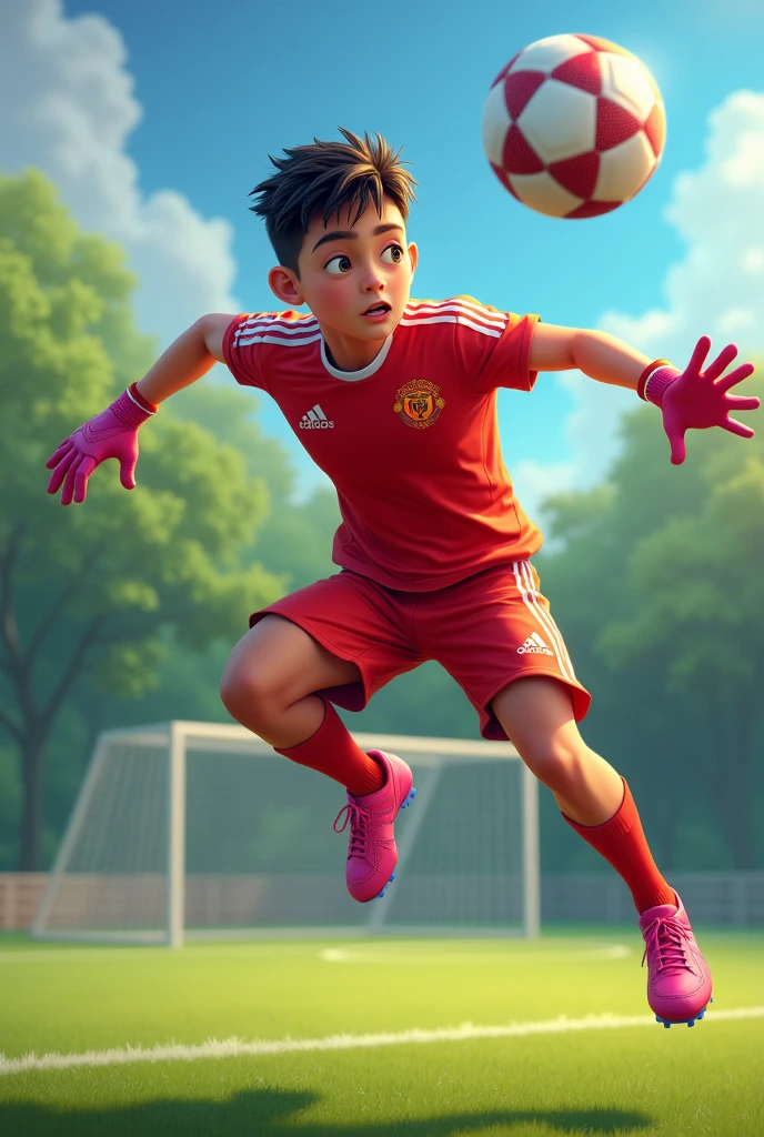 A 12-year-old Caucasian teenager, flying towards a soccer ball that was going to the corner of the soccer goal, He is a soccer goalkeeper with red clothing and pink cleats. 