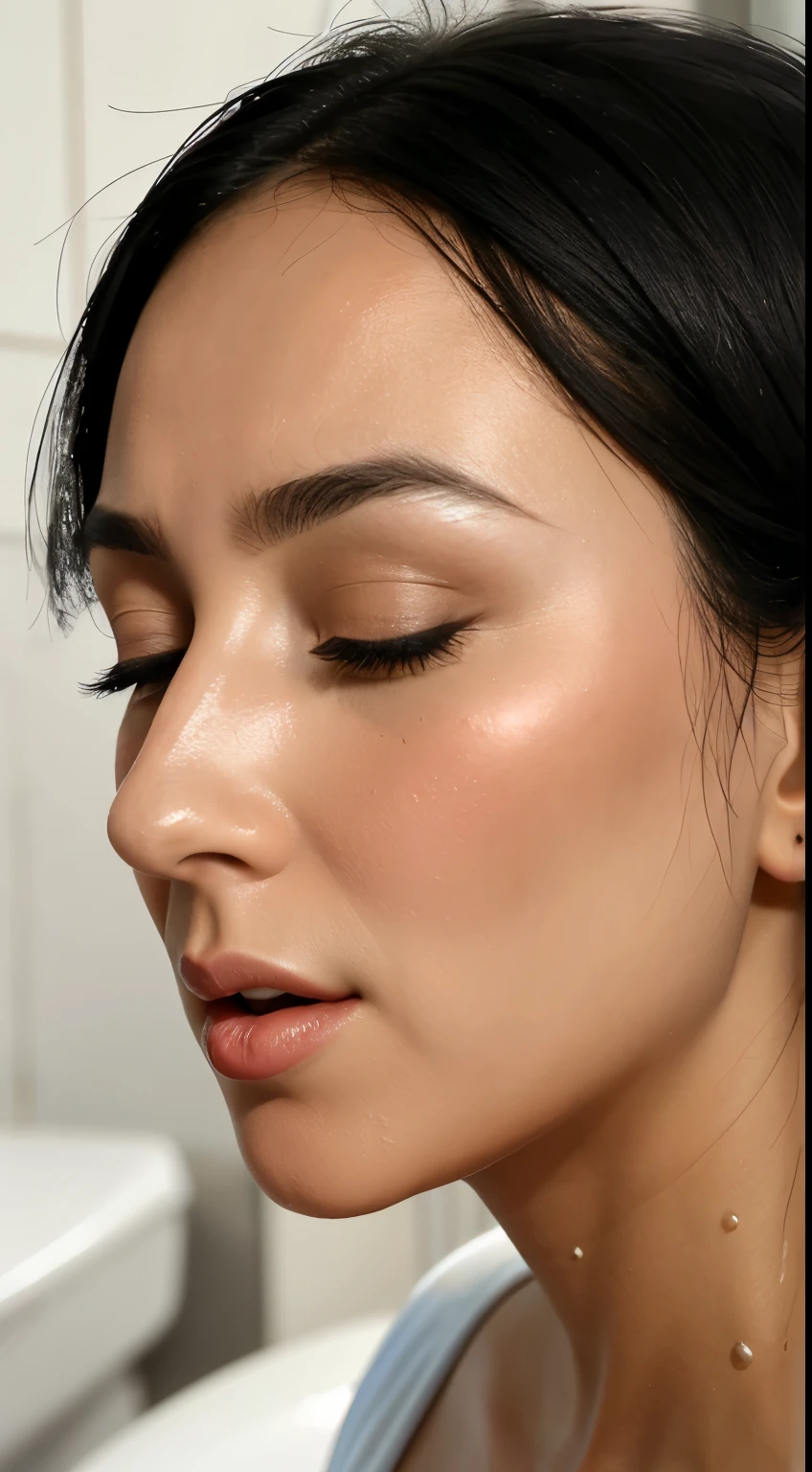 beautiful japanese actress、1 girl,debris flies,,Award-winning photo, very detailed,face focus, double big eyes(woman with open mouth and closed eyes ), 30 years old、black hair、shiny skin、(((close up of face)))、realistic nostrils、elongated nasal cavity,、inside the toilet、(On the floor of a public toilet)、squat、((white turtleneck sleeveless dress))、big breasts、(sharp nose)frown expression:1.4,,facial expression,frown,please raise your head、Skin shiny with sweat,oily facial skin,bite your mouth,tied hair,wearing a tank top,Bring your nose closer to the camera,((open your mouth wide and try to receive something))looking at the viewer, (((wet filter))),((close your face)),(((Close-up of the nose)))
