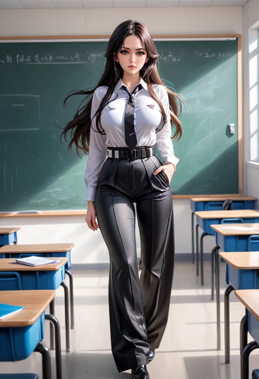 masterpiece, best quality, hyper realism, looking the ass teacher, wearing parachute black wide leg pants, long hair, tight shirt, clasroom, baggy, big wet breasts, long hair, high waist, hyper realism, angry, high belt, posing like a leader
