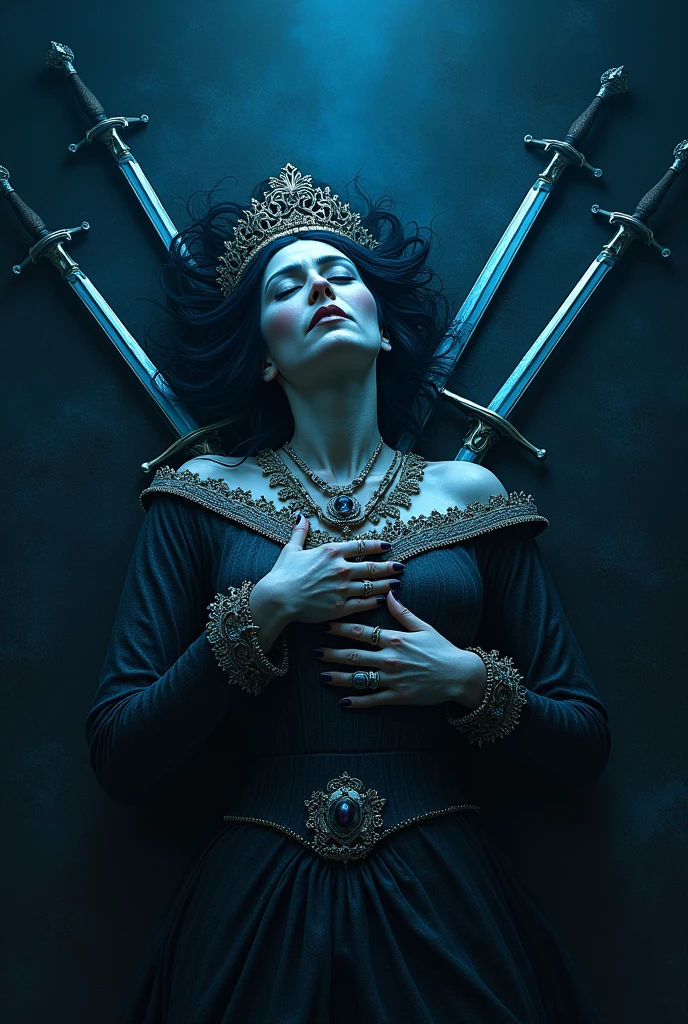 Make a sad queen dead and blue with swords stuck in her heart, make her the queen of spades of playing cards