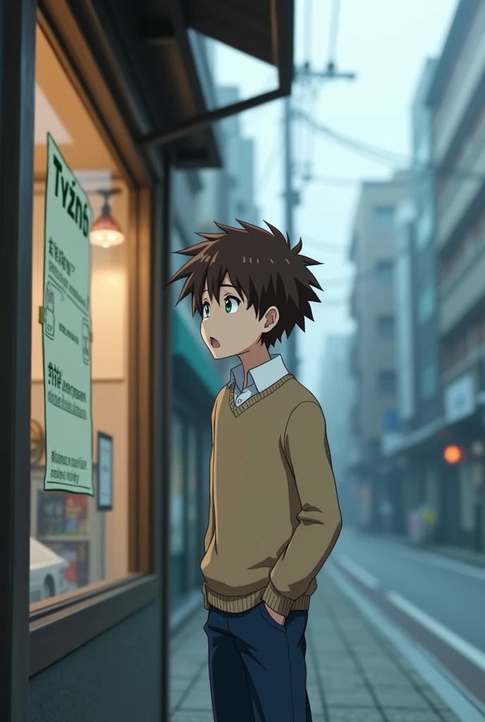 a anime adolescent Boy with brown hair and green eyes with a light brown sweater, a white shirt underneath and dark blue pants, with a frightened expression and a little scared as he looked at a sign taped to a shop window on the sidewalk, the sky with fog and buildings behind in the streets of Tokio Japan anime style