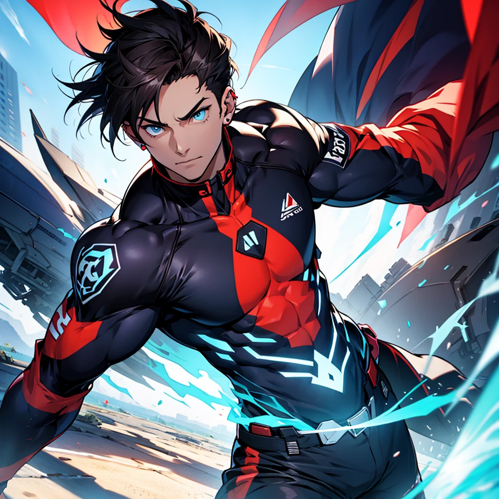 An anime boy with dark hair, and piercing, electric blue eyes