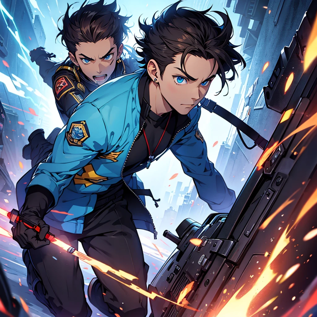 An anime boy with dark hair, and piercing, electric blue eyes
