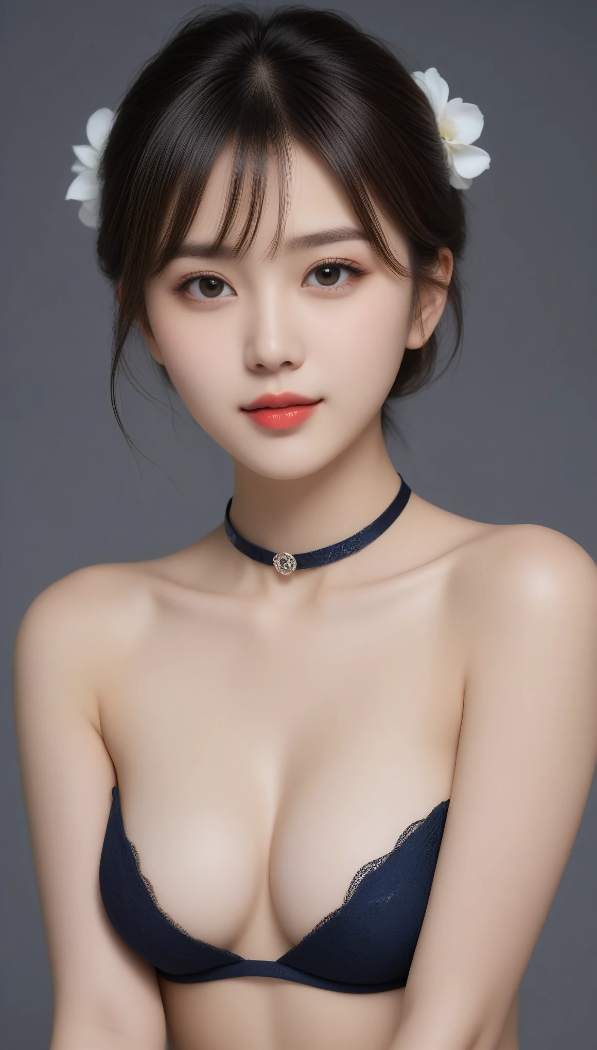 8k, Ultra-high resolution, Highest quality, masterpiece, 三分割法によるphotograph,Surreal, photograph, 1 Girl, (16 years old:1.3), pretty girl, Cute Face, Beautiful eyes in every detail, 細かくdetailedに,masterpiece,One Girl:1.2,Japanese female announcer,cowboy shot,grin,Black short hair,Messy bun hair,(Tight waist:1.4)、(9 Beautiful girls with perfect body proportions:1.4),Red lips,(choker:1.4),Looking at the audience,(((Ideal body type))),A-cup small breasts :2,、Portraiture:2、Perfect Anatomy、鮮明なdetailed、detailed,Fashion magazine cover,Thin lips,Gray background ,Perfect and beautiful face ,完璧でCute Face, Skin with attention to detail, Perfect limbs、Narrow waist,Looking at the audience,(((Ideal body type))),A cup small breasts :2,Portraiture:2,Perfect Anatomy,鮮明なdetailed,detailed,Surreal,Light and shadow,moonlight