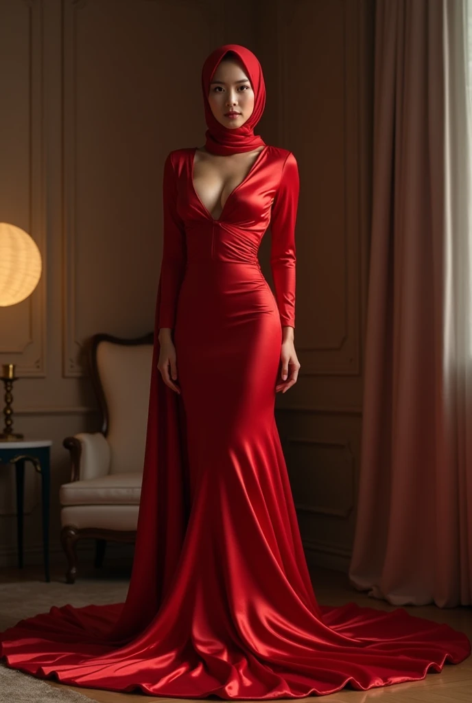 a woman in the red silk gown, tied with satin, tied tightfull body,wear hijab, half neked,mermaid tight long gown, flowy dramatic long gown, double long satin train ( 4 meter long ),satin sheet,wear high heels, masterpice, 4k resolution, ultra-realistic, highly detail.