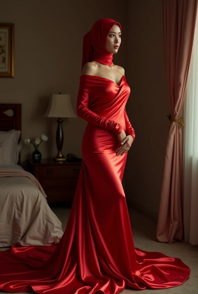 Asian woman wrapped in a red shine satin cloth mimicking a mermaid gown with a striking very long train, the cloth clings tightly to her figure, incorporates a hijab, standing with poise, see through whole body,half naked, nipple on, dramatic lighting, sexy pose in bed room, volumetric textures, ultra realistic, golden ratio.