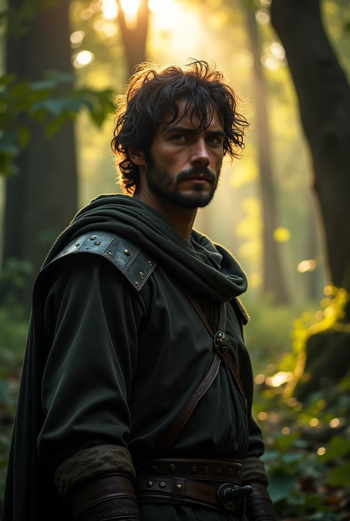 Dark-haired man from ancient medieval times in the forest with his face illuminated by the sun