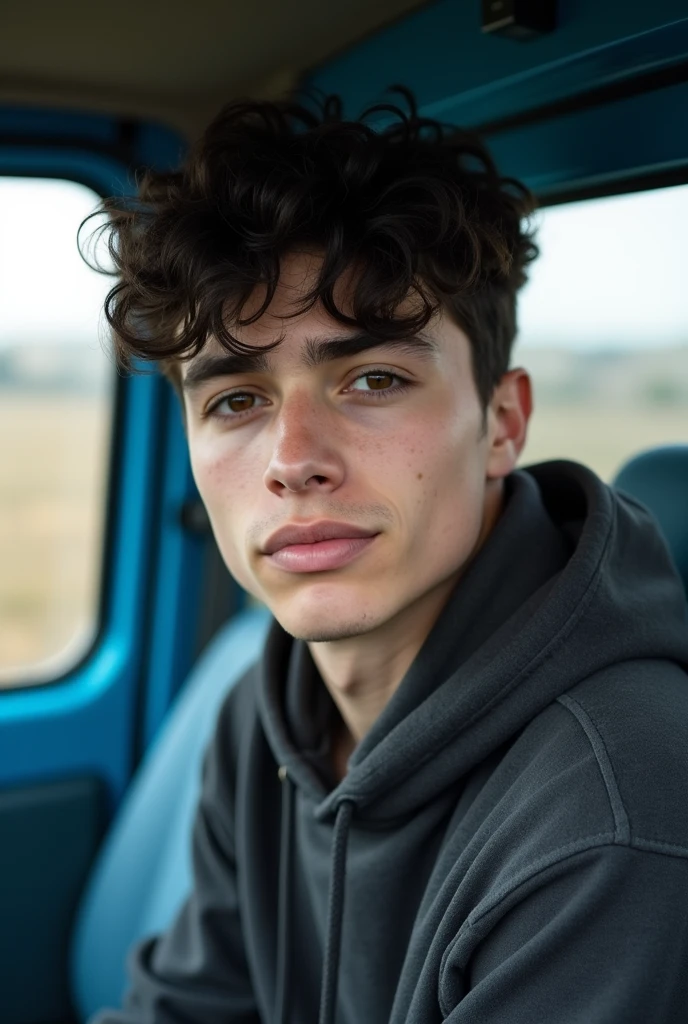 A young man with very white skin and black hair and dark eyes with Andean features in a blue van in a rural area