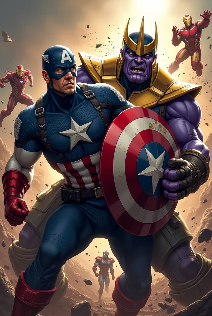 Captain America is locked in a fierce battle with Thanos, where Thanos is overpowering him, gripping his shield tightly as Captain America struggles to defend himself. Captain America's face shows determination and strain as he tries to stand against the overwhelming force of Thanos. His shield is battered but still held firmly. In the background, other Avengers like Iron Man, Spider-Man, and Thor are fighting their own battles with various villains, but the main focus remains on the intense clash between Captain America and Thanos. The scene is portrayed with dark, intense colors to emphasize the chaotic and desperate atmosphere of the battle."