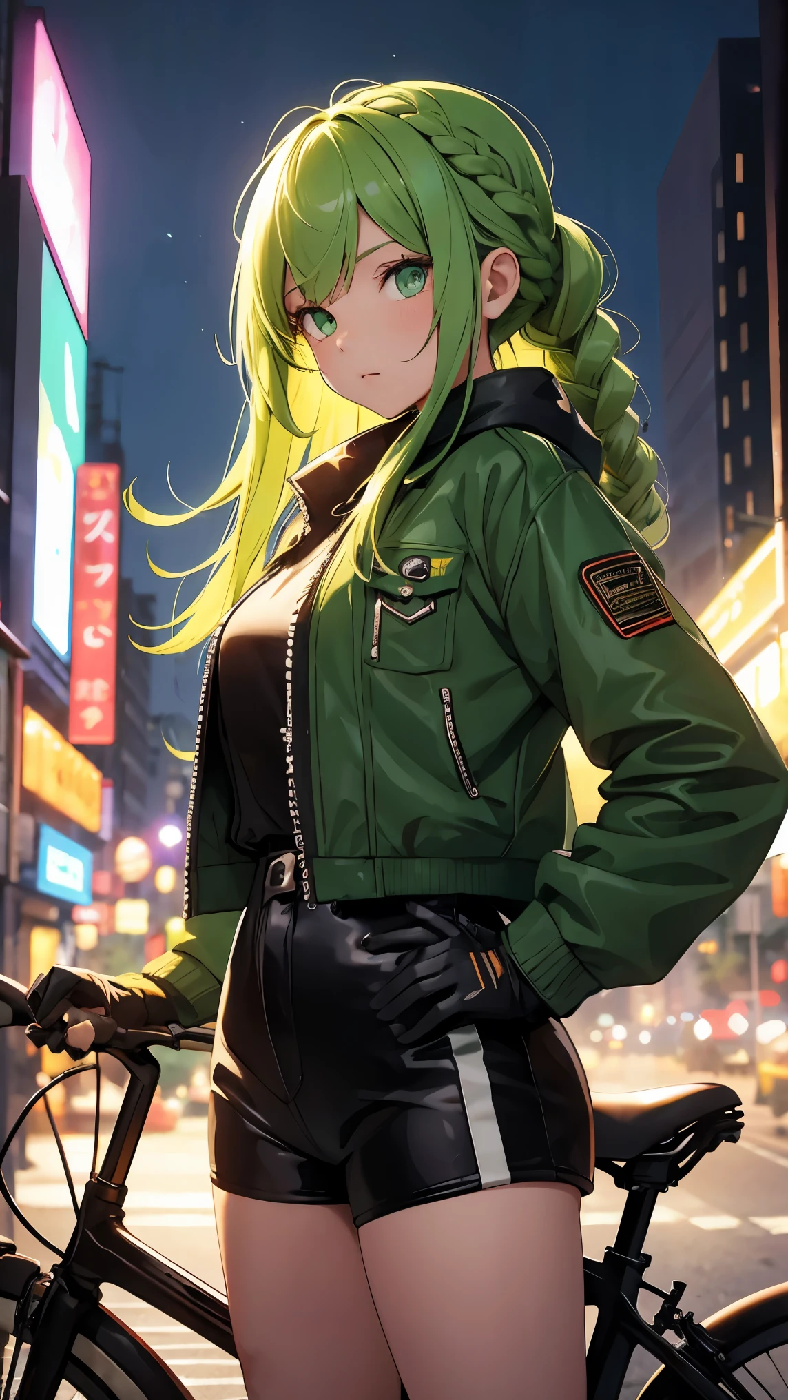 Girl 1, bright green eyes, green braided hair, jacket, shorts, city, standing next to her bike, at night, bright and shiny city, leather gloves, best quality, high detail, very detailed, high quality background