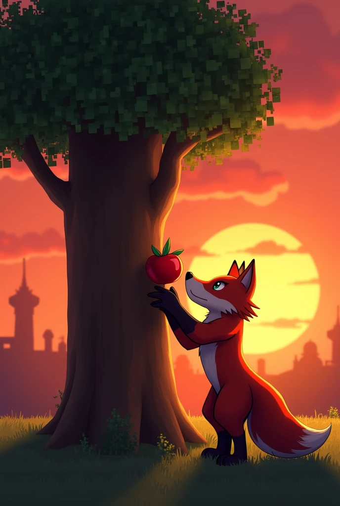 feral fox, minecraft zorro, trying to reach an apple from a tall tree,
The tree is from Minecraft, the background landscape is a reddish orange sunset art by Neytirix furryfica the fox
