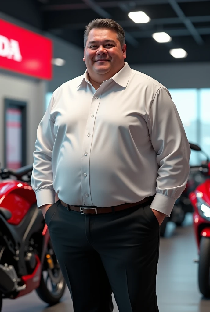 A Honda motorcycle salesman a little above.weight wearing a white shirt tucked into black pants
