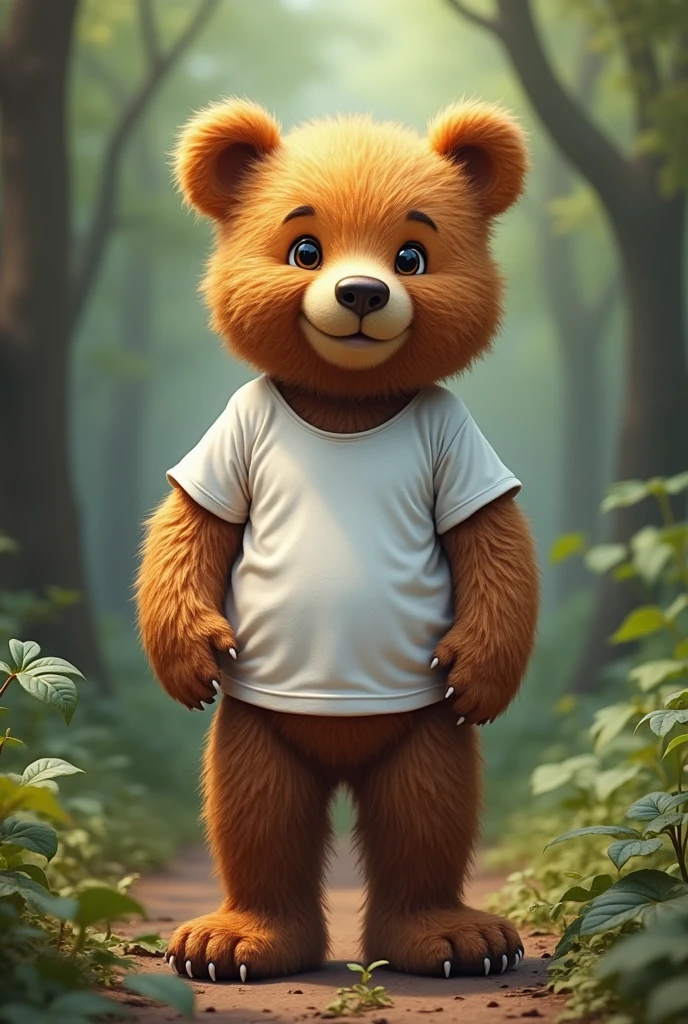 cute bear Jo white tshirt or pant pahana ho uski akhon mai Garv aur Himmat ki chamak hai baground Jungle