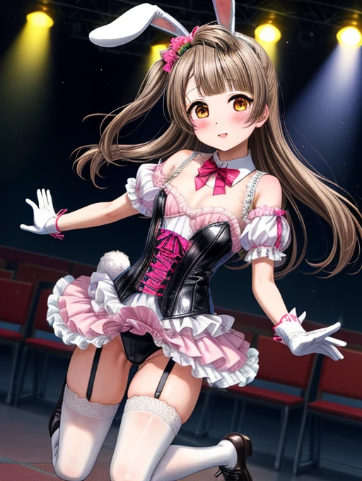 masterpiece, Highest quality,Minami Kotori, 一人in, chest, Looking_in_Audience, bangs, big_chest, Knee socks, gloves, animal_ear, chestの谷間, short_sleeve, Frills, ふくらんinいる_sleeve, white_gloves, Rabbit_ear, leotard, ふくらんinいる_short_sleeve, fake_animal_ear, garter_strap, Playboy_bunny, corset, pink_Knee socks, pink_leotard