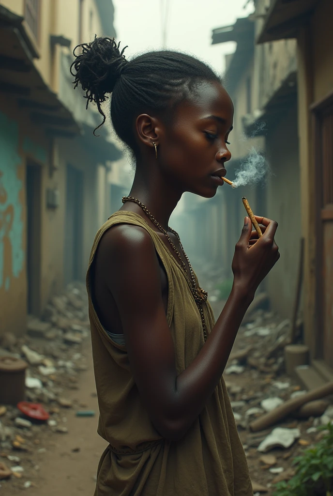 Young slim African girl smoking weed and kush in a slum