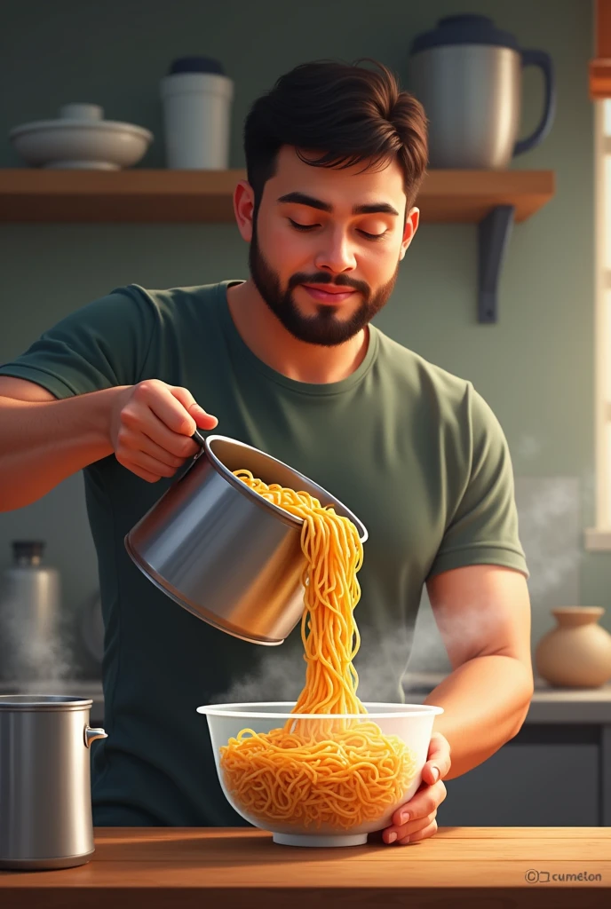 A guy pouring a noodle into a plastic bowl from a steel pot