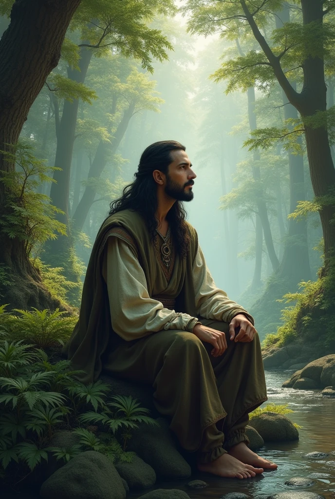  Black-haired man from ancient medieval times surrounded by nature sitting feeling peace with himself 
