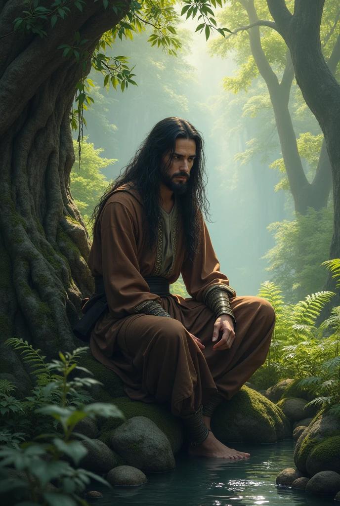  Black-haired man from ancient medieval times surrounded by nature sitting feeling peace with himself 
