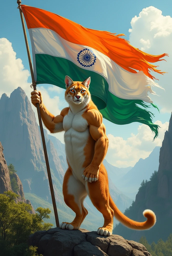 Generate me an image of a humanized puma, that holds a flag that has the white color first, then green and finally orange