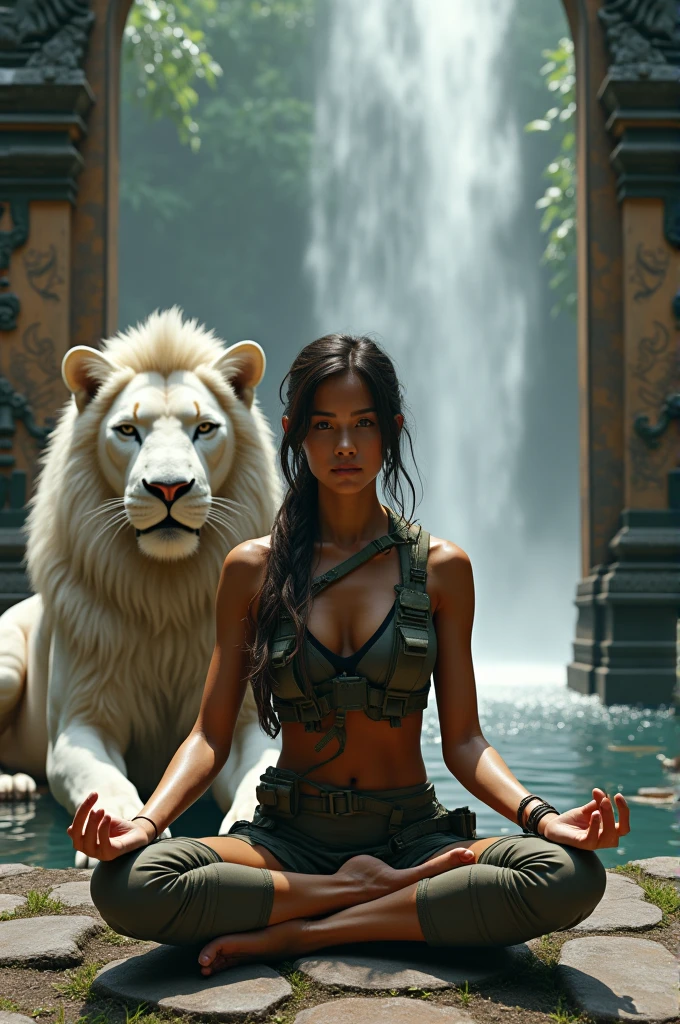 Create a young woman inspired from lady lara croft at tomb rider movie.fully war equipment, beside of her sitting a giant white lion near the river and water fall. She is sitting and doing yoga tantra at traditional balinese temple