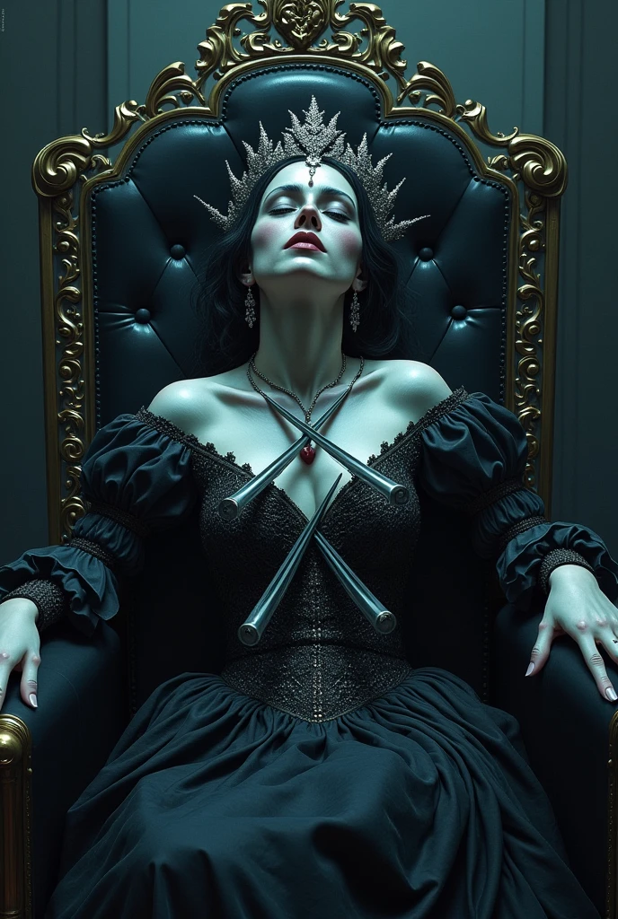 Make a sad queen dead and blue with swords stuck in her heart, make her the queen of spades of playing cards 
