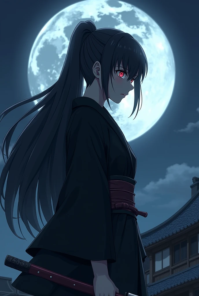 Long Black Hair、Hair tied up、、woman、kimono、The background is a large crescent moon、On the roof of an old building、Too much exposure、Red eyes、Cold look、profile、Anime Style、Wearing a black haori、Belt around the waist、Holding a sword in both hands