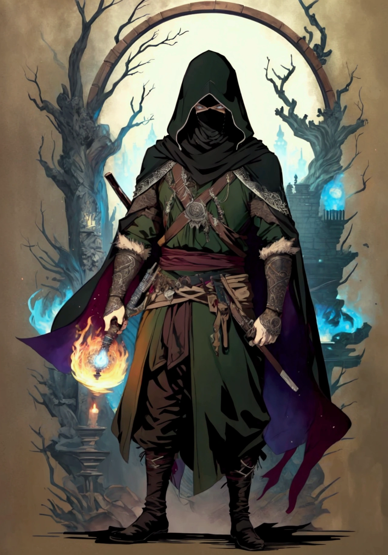 (Masterpiece), ((Highest Quality)),(Official Art),dark epic:1.2),(1 solo anime man: 1.3). A Middle-Eastern assassin man with spiky black hair, green eyes, tan skin, and mouth covered by scarf. He wears an assassin robe, standing inside a dark temple surrounded by fire background. Detailed picture. Detailed eyes. Masculine jaw. Soft fairytale picture Arthur Rackham-style. Colorful, best detailed ((super detailed)), (highly detailed 2D anime man illustration), ((dark and beautiful))