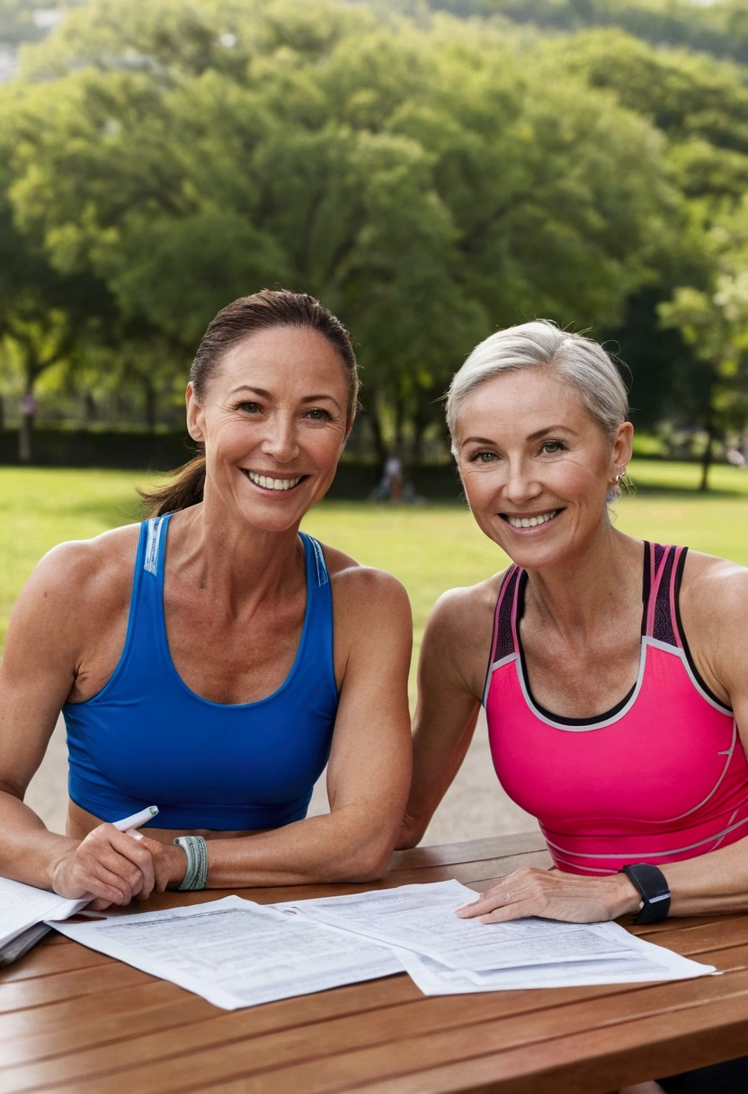 athletic middle aged woman wearing tank top sitting at table outdoors at running race. paperwork in front of her. smiling. posing for photo with 20 year old woman wearing sports bra, arms aroud each other.