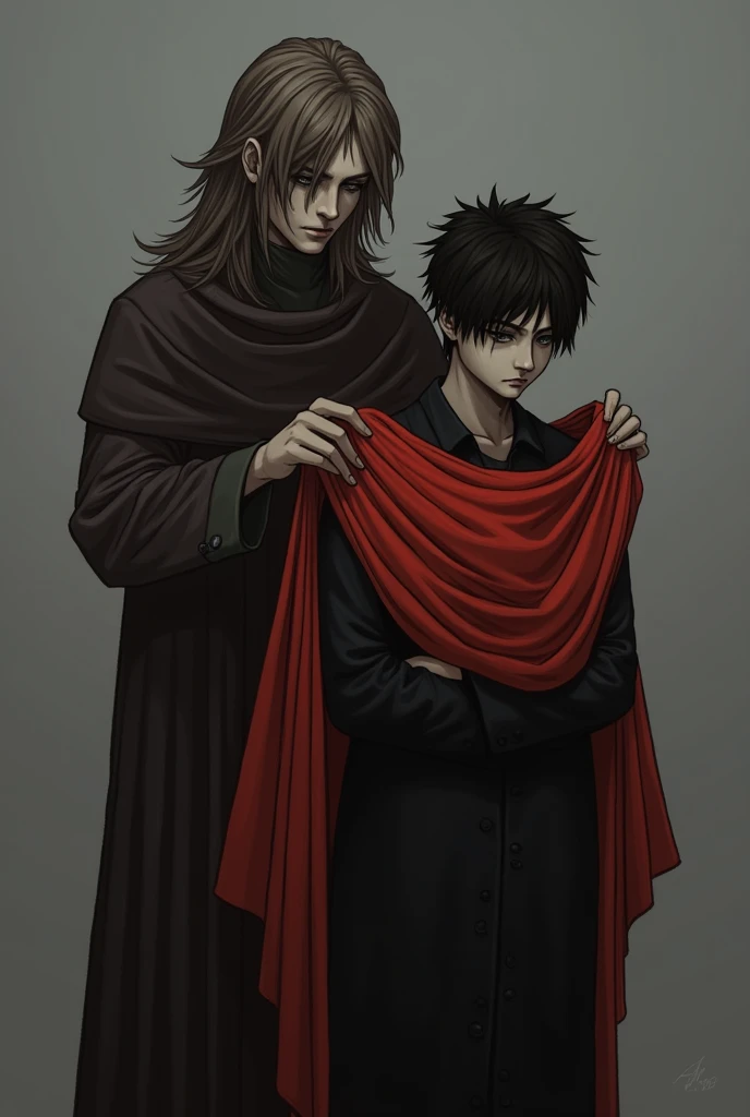 Character Image with Ribbon or Cover: Describe two characters. First character, who is representative as a person who has experienced disgrace, can look a little sad or embarrassed. Second character, who represents the person who covers up the shame, can hold a ribbon or large cover in front of the first character, as if covering up or hiding the disgrace from the sight of others.