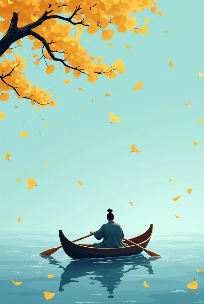A small boat floats on the lake, yellow ginkgo leaves fall from above, an ancient man rowing in it in the style of an ancient Chinese man, The sky blue background has scattered petals falling down like snowflakes, Minimalist illustration style with brushstrokes