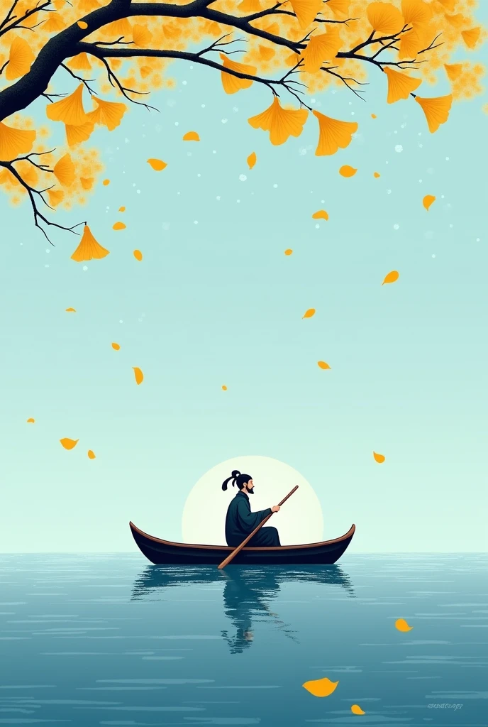 A small boat floats on the lake, yellow ginkgo leaves fall from above, an ancient man rowing in it in the style of an ancient Chinese man, The sky blue background has scattered petals falling down like snowflakes, Minimalist illustration style with brushstrokes