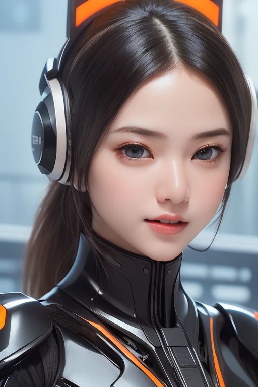 Top Quality, Masterpiece, Ultra High Resolution, (Photorealistic: 1.4), Raw Photo, 1 Girl, Black Hair, Glossy Skin, 1 Mechanical Girl, (((Ultra Realistic Details)), Portrait, Global Illumination, Shadows, Octane Rendering, 8K, Ultra Sharp, Intricate Ornaments Details, realistic skin, sweat effect, ((wearing Headphone)), very intricate detail, realistic light, CGSoation trend, brown eyes, glowing eyes, matte black and glossy orange mechanical bodysuit, Long hair, black hair, Ponytail hair, Half body shot, spaceship bridge background, dynamic pose, cute smile, close up, Open Mouth, facing audience